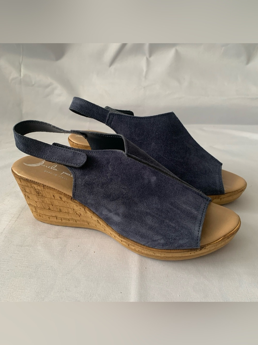 Mila Paoli Size 9 Italy Womens Sandals Cork Wedge Blue Suede Open Toe Sling Back